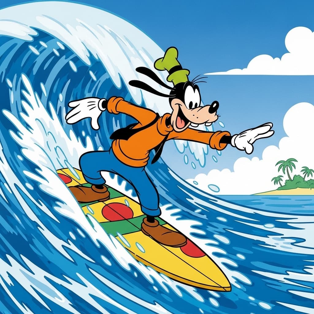 AI generated: Goofy on a surfboard on a wave. Micky mouse cartoon style
