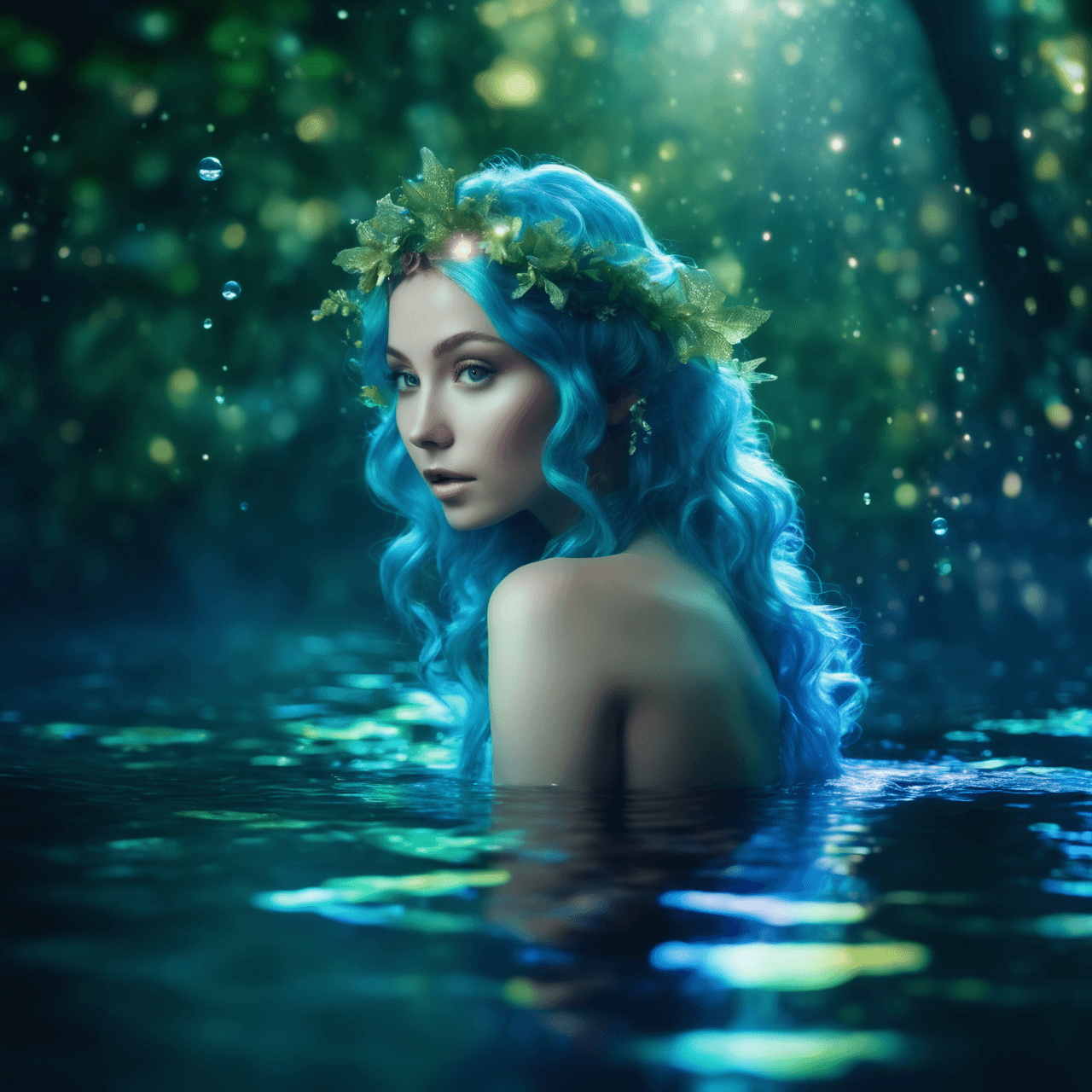 AI generated: An ethereal 27-year-old water nymph, with cascading aquatic hair and iridescent scales, emerges from...