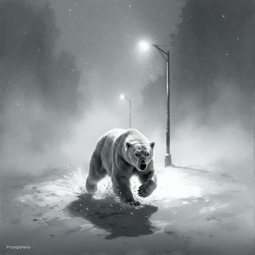 AI generated: Remove the man and add a polar bear running towards the viewer