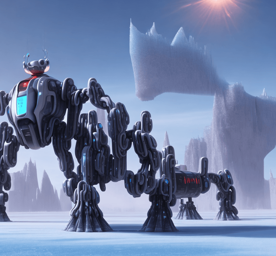 AI generated: a big futuristic mech iswalking in the street in  frozen desert.  realistic view from the ground fro...