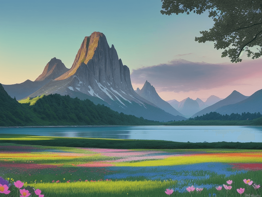 AI generated: a serene and enchanting scene of a field of vibrant flowers, with a majestic lake and towering mount...