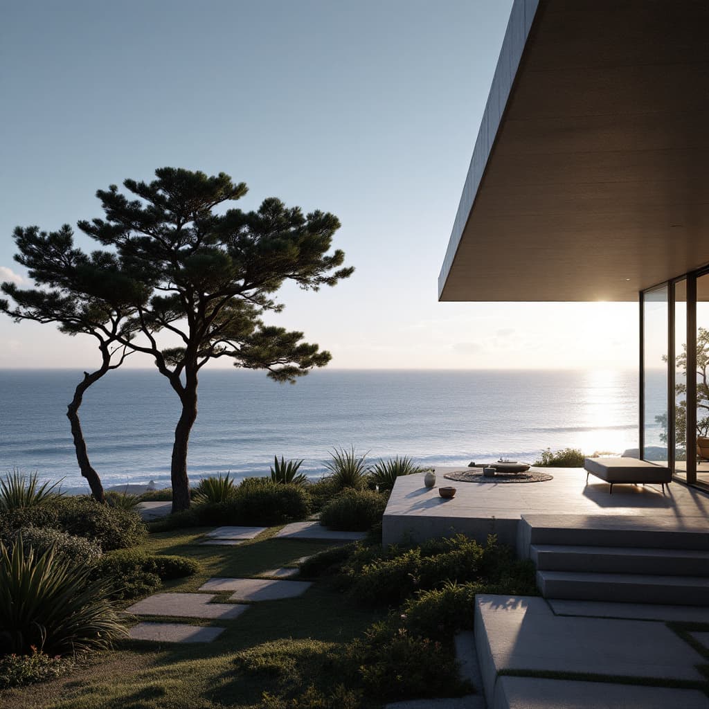AI generated: Hyper realistic eye level exterior photo of a mid century modern style house overlooking the ocean, ...