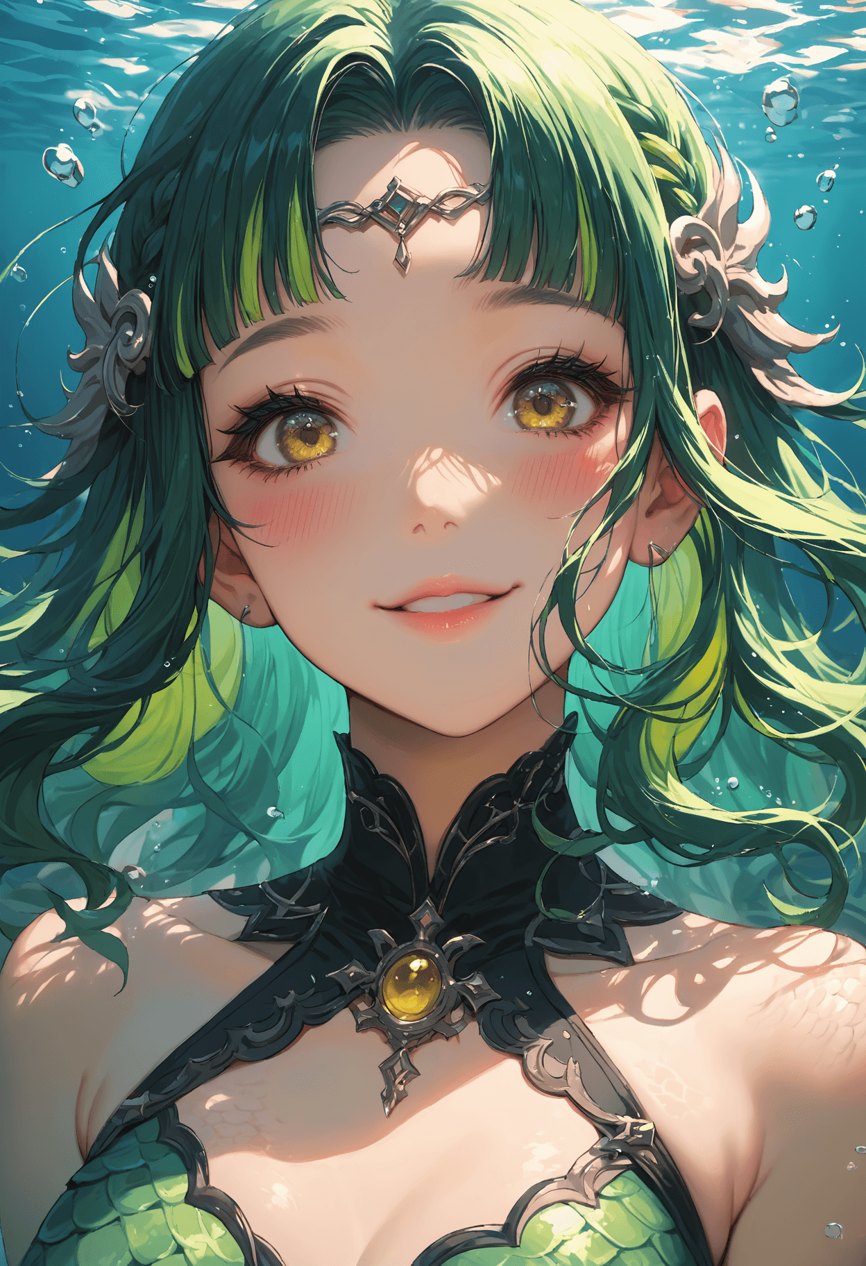 AI generated: score_9, score_8_up, score_7_up,1girl,solo,two tone hair,black and green hair,shoulder length straig...