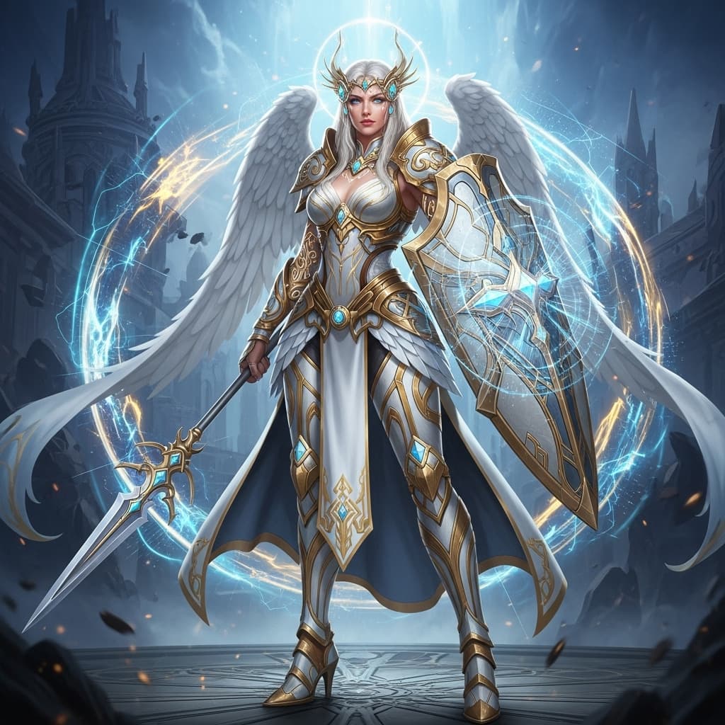 AI generated: An ultra-realistic, full-body portrait of a captivating celestial guardian woman, radiating divine p...