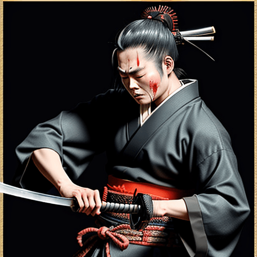 AI generated: Japanese samurai committing seppuku with his katana while he is crying.