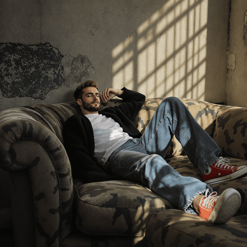 AI generated: photography, magazine cover, tilt shot, male model lounging on a worn camouflage sofa, casually dres...