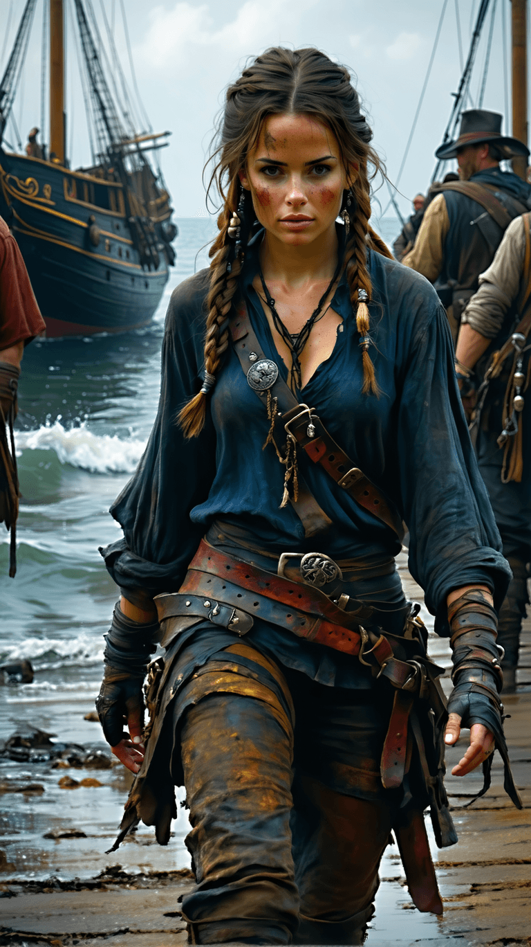 AI generated: A resilient pirate captain, with weathered skin, a determined gaze and hair braided with found objec...