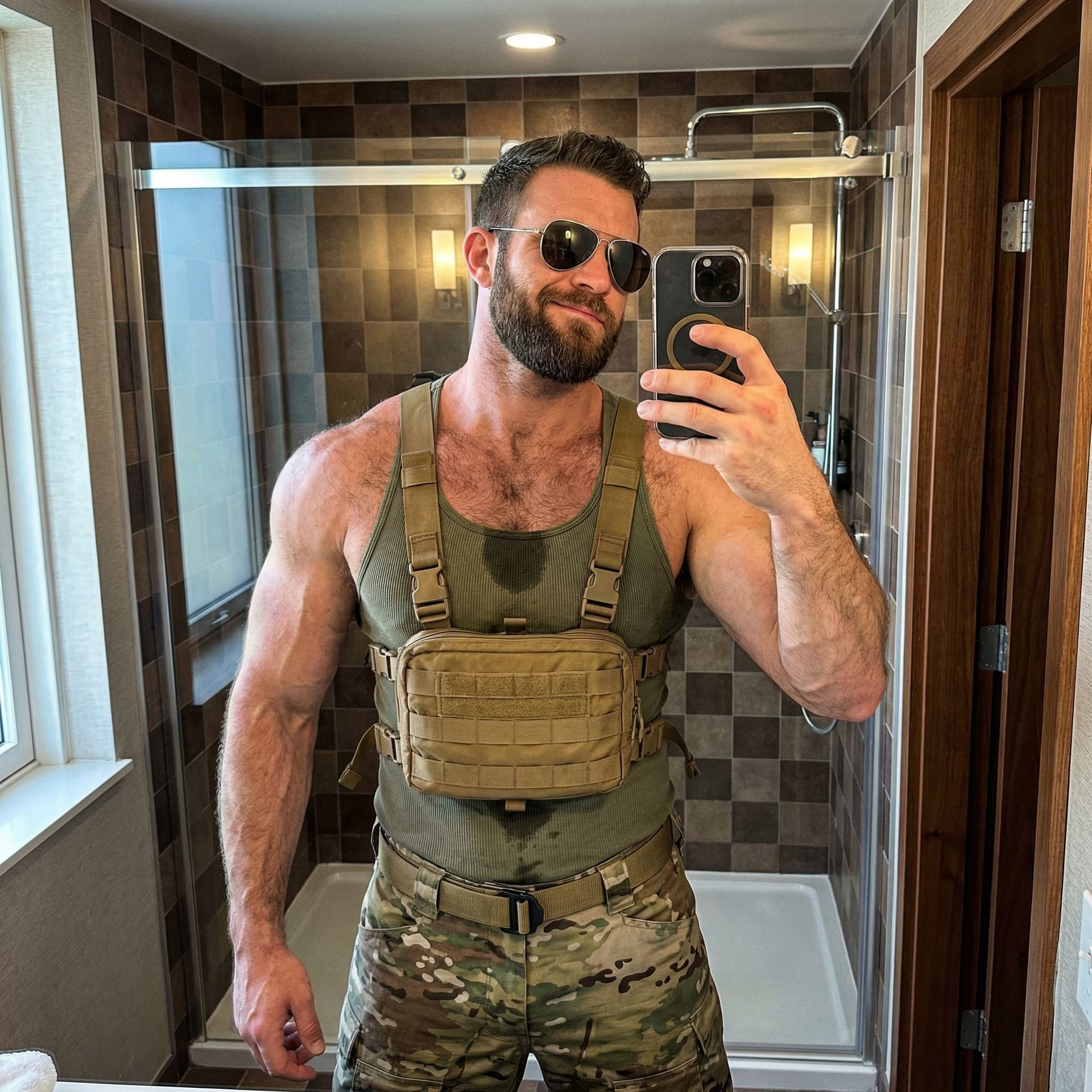 AI generated: Raw candid mirror selfie photograph taken with iPhone in a modern hotel bathroom, rugged handsome 30...