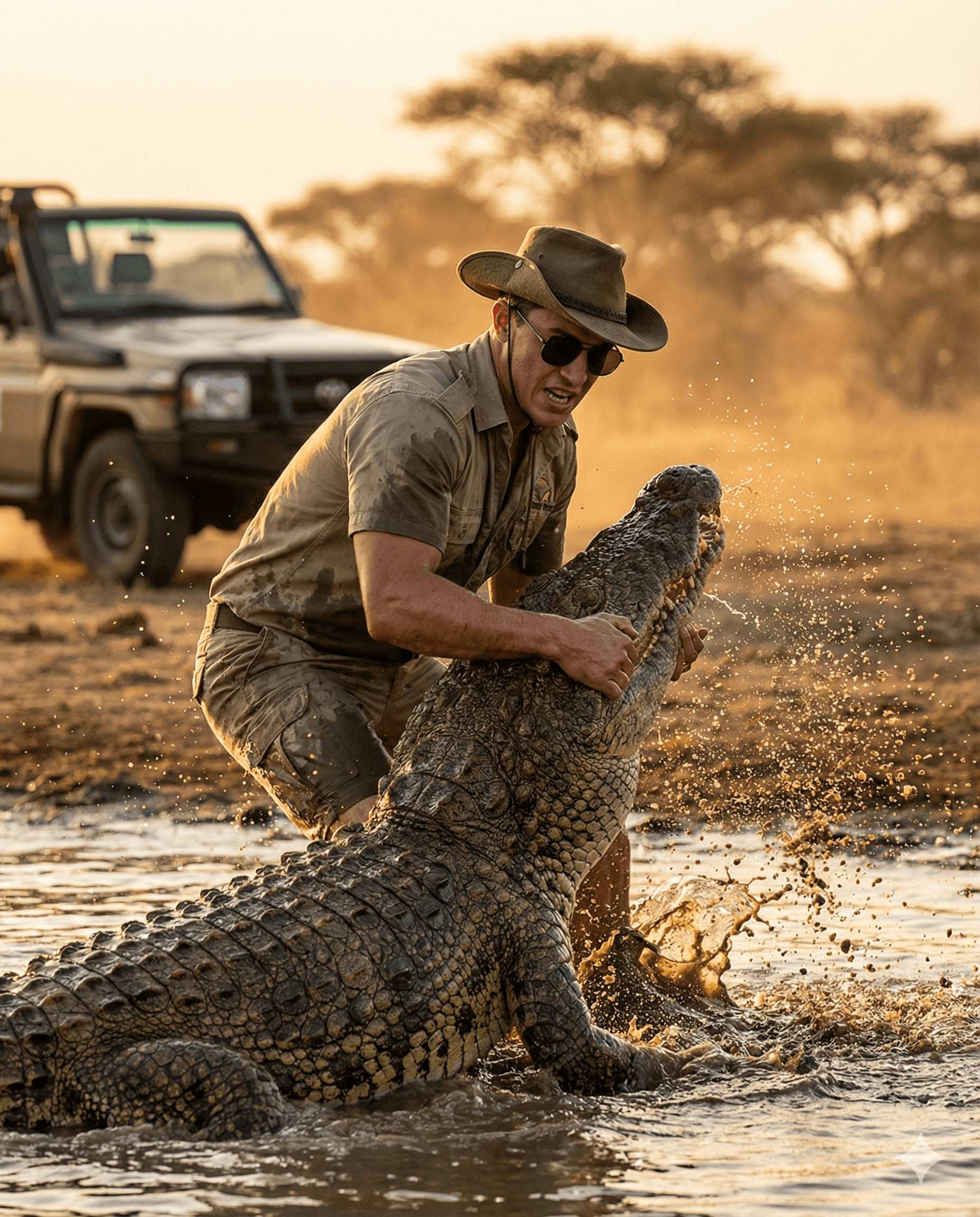 AI generated: Cinematic wildlife-action scene at golden hour: A rugged safari ranger in khaki uniform, sunglasses,...