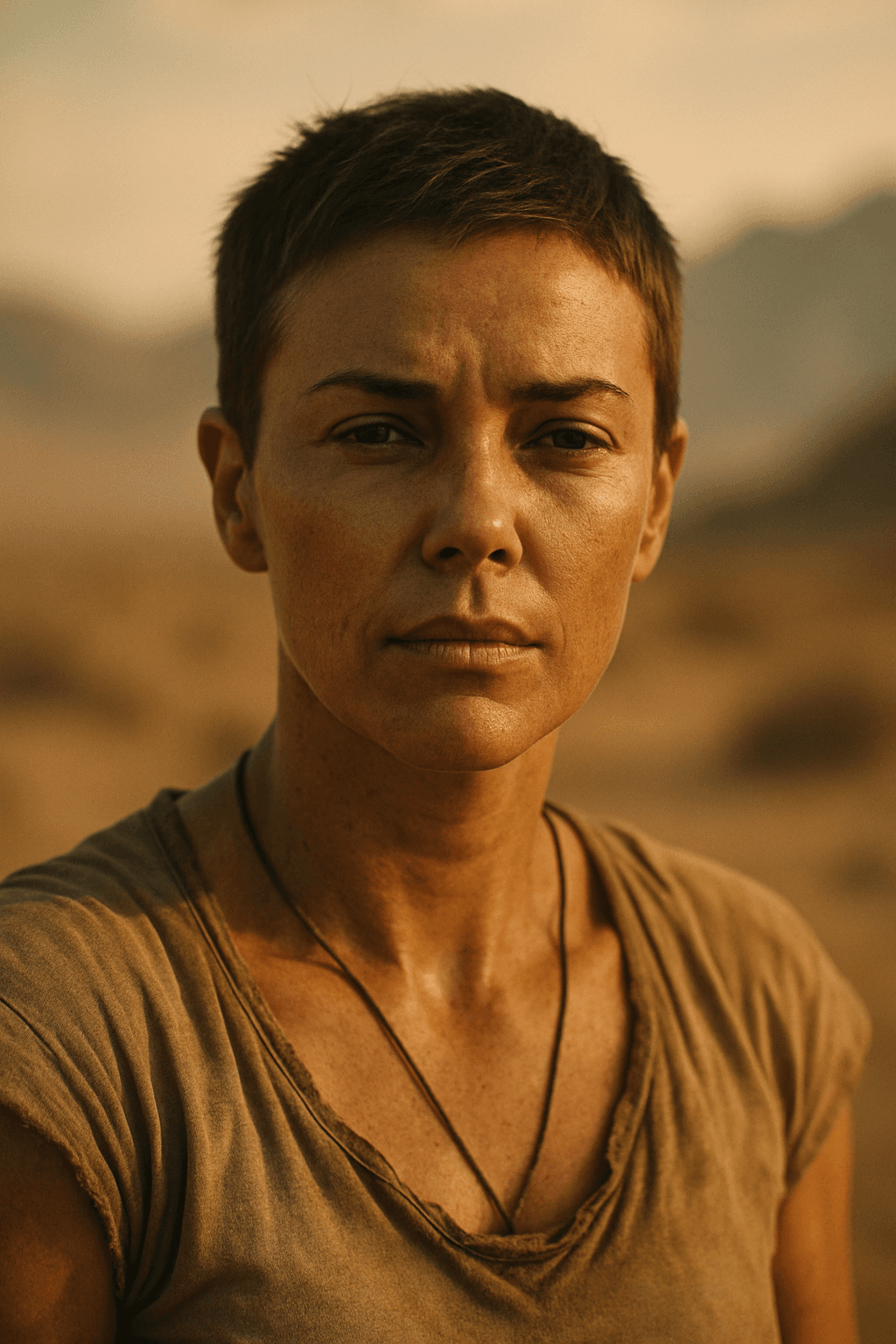 AI generated: A close-up cinematic shot of a resilient woman with short, dark, slightly messy hair, her warm-toned...