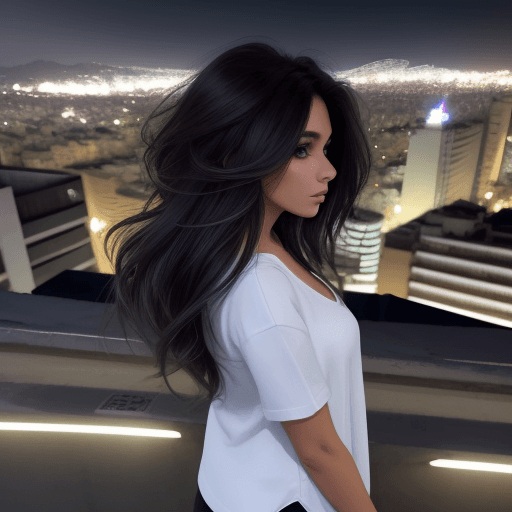 AI generated: una modelo vestida con ropa casual, cabello largo risado, en fondo de una ciudad en la noche