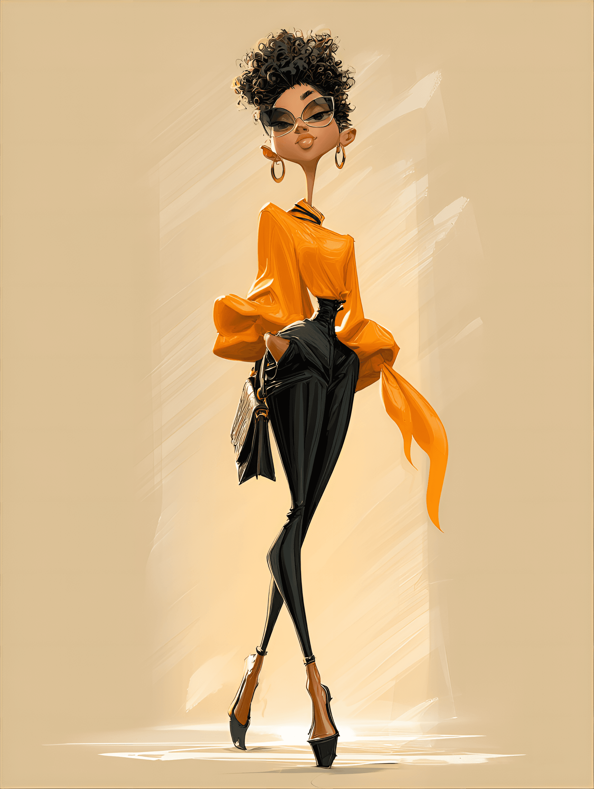 AI generated: funny caricature, fashion-forward tall woman caricature, young african female, 28 years old, very ta...