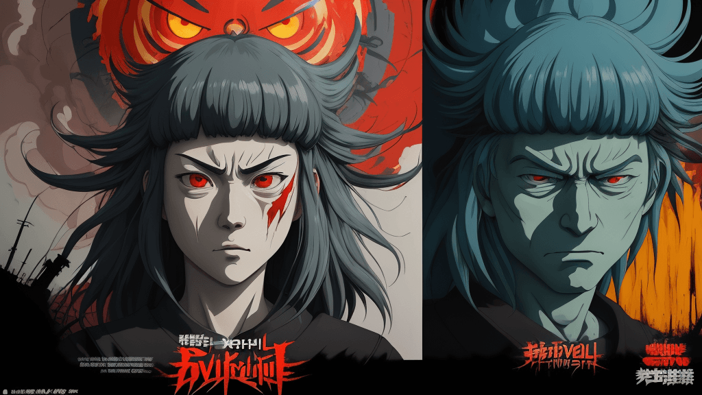 AI generated:  Studio Ghibli type. A wide angle 16k poster with of evil ghibli flash  in a killing spree, extremel...