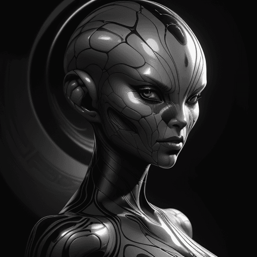 AI generated: A black and white portrait of,a wavefields alien, wearing clothes, upper body, head and shoulders po...