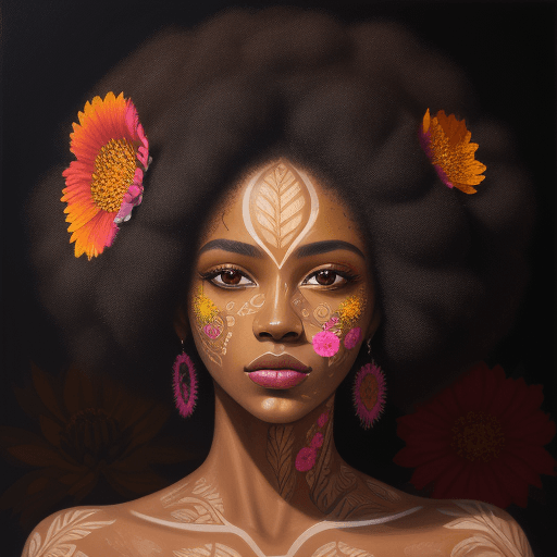 AI generated: detailed oil painting of beautiful of woman face, flower printed skin, flower patterns on face, stem...