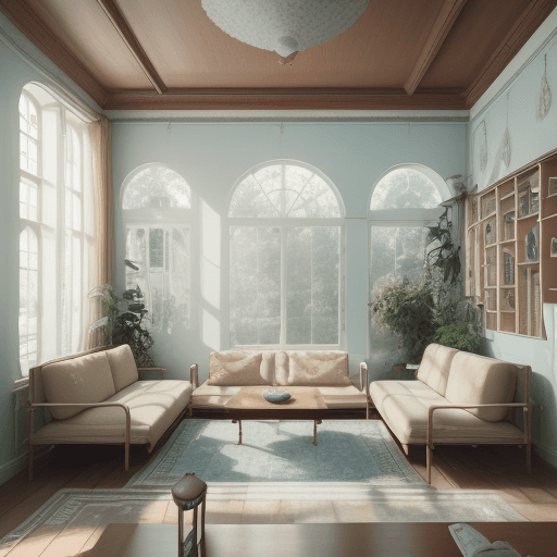 AI generated: High resolution photography interior design, dreamy sunken living room conversation pit, wooden floo...
