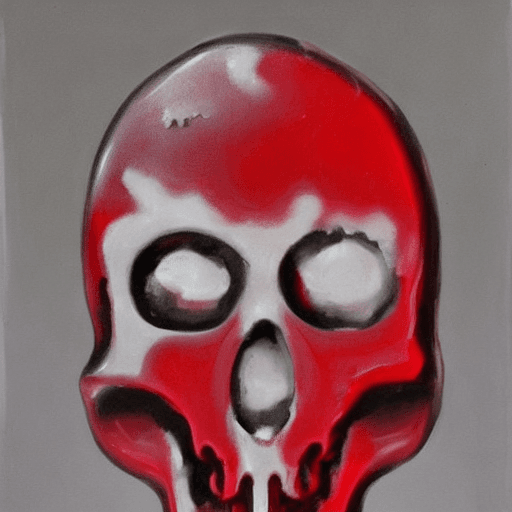 AI generated: a red ice popsicle whit a shape of a skull, melting, oil paint style.