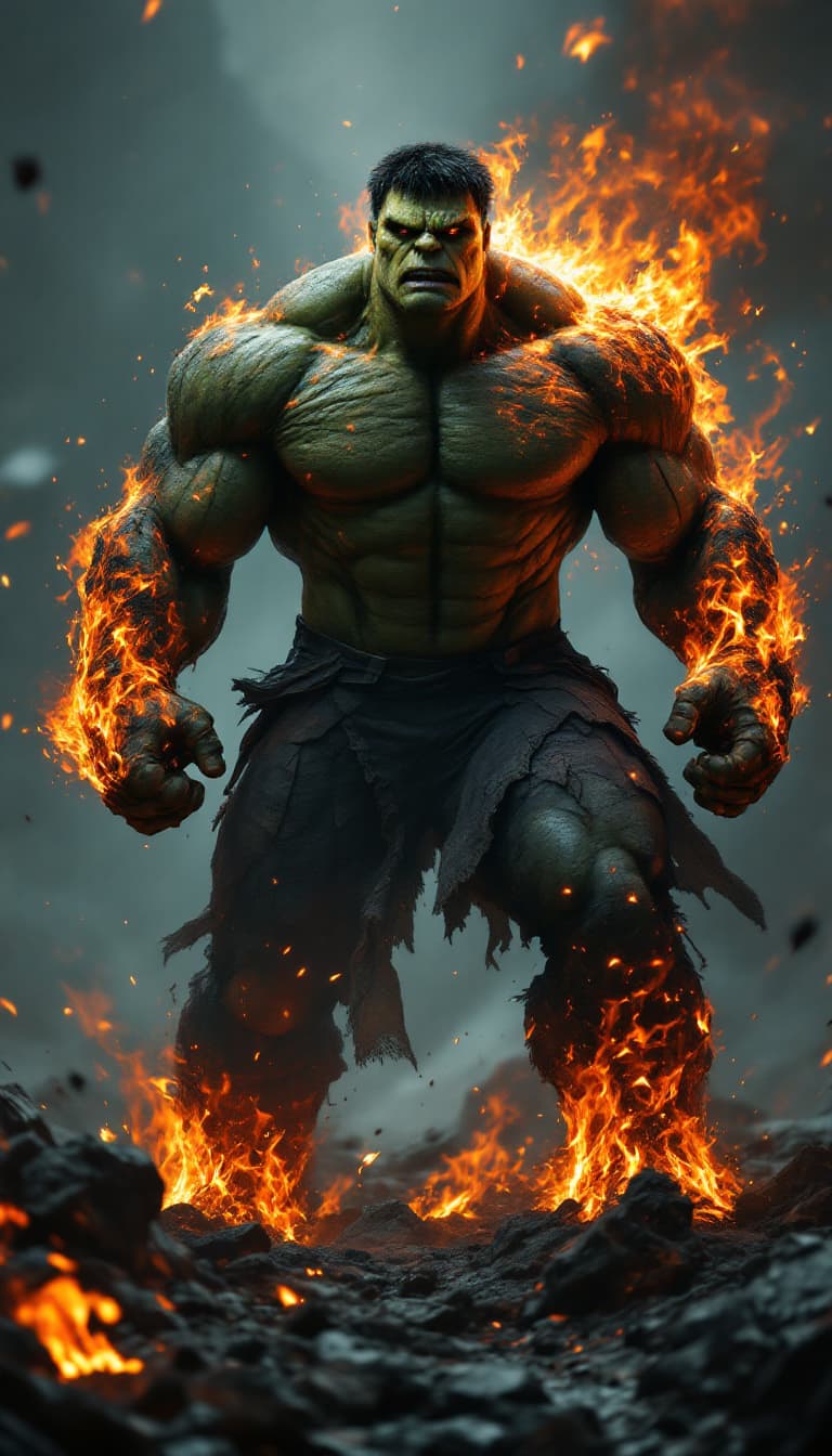 AI generated: Envision a fully body portrait of hulk  super  super hero rising from the ashes, standing on rocky g...