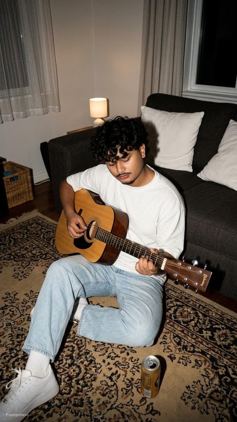 AI generated: Buat gambar sesuai dengan tema me, night and guitar. Gunakan wajah asli dari foto referensi tanpa me...