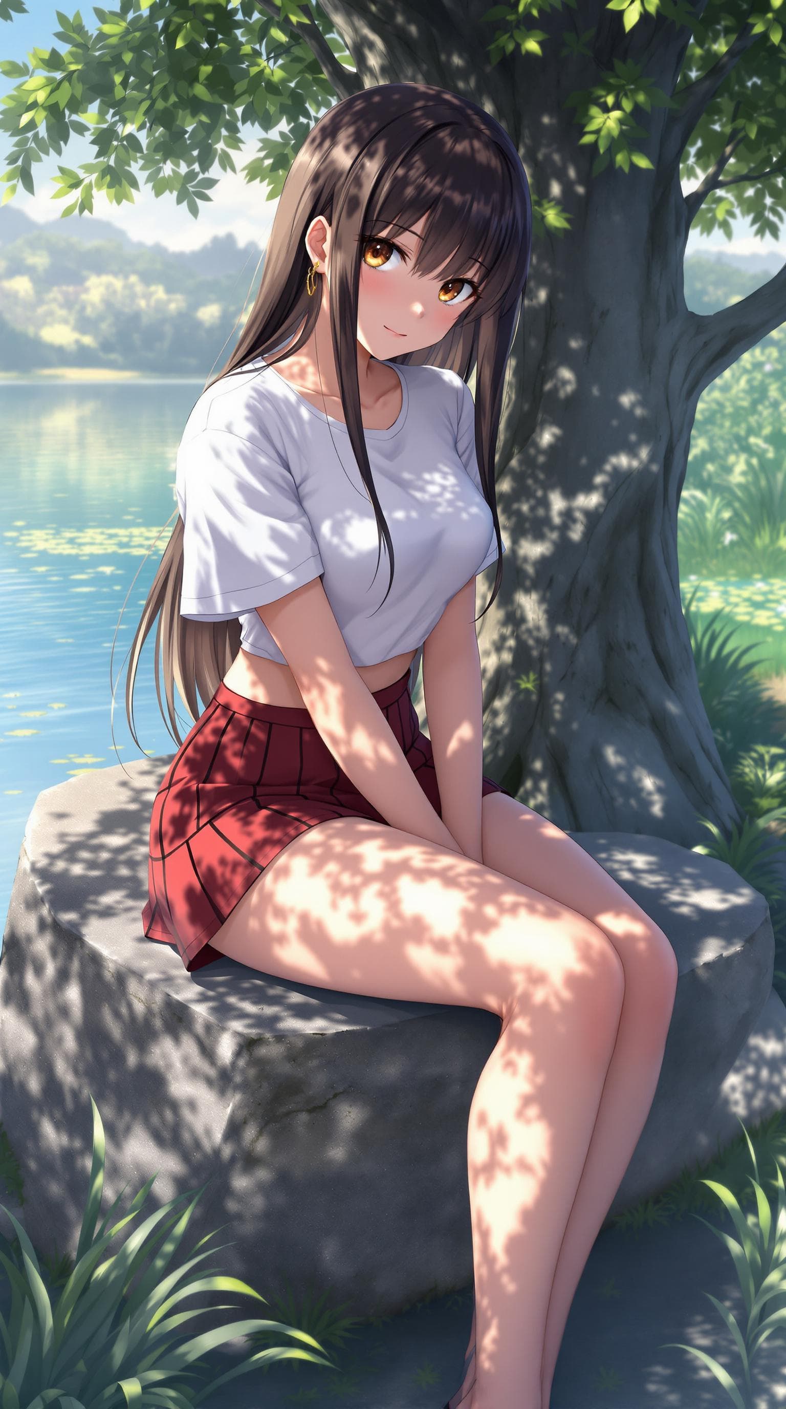 AI generated: realistic anime style , a girl, perfect anatomy, wearing a white short sleeves shirt, red pleated mi...