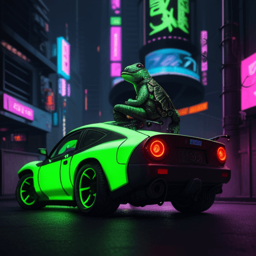 AI generated: cyberpunk turtle in the Neon City sits on the cyberpunk car