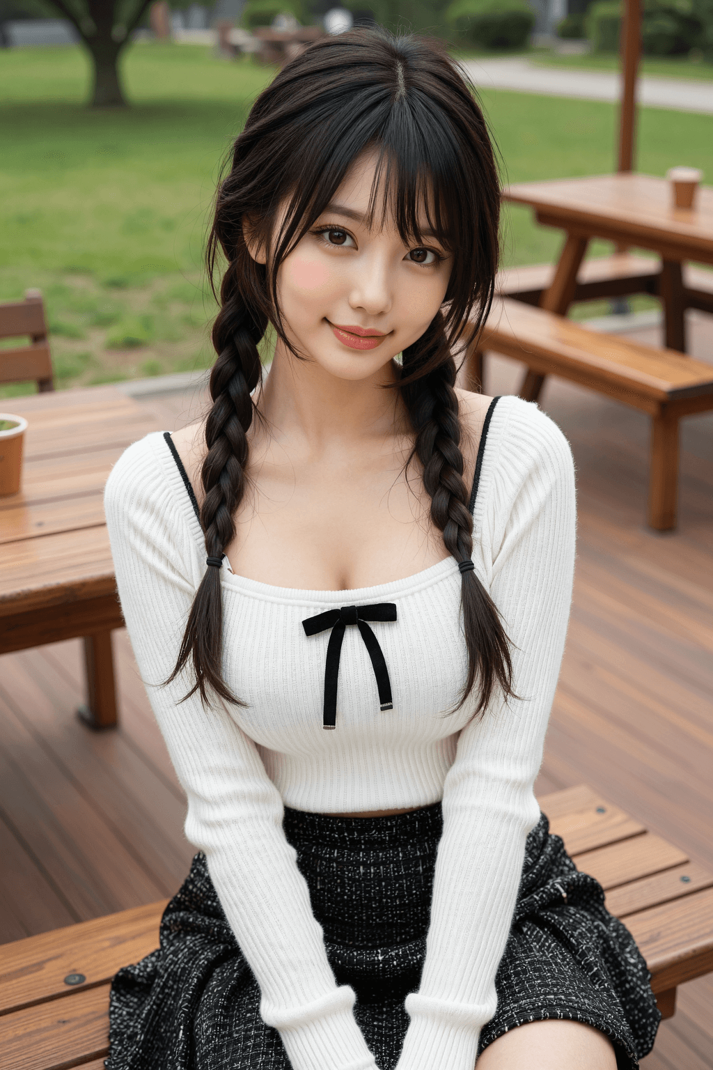 AI generated: A highly detailed, photorealistic, cinematic high-angle medium shot of a beautiful young East Asian ...