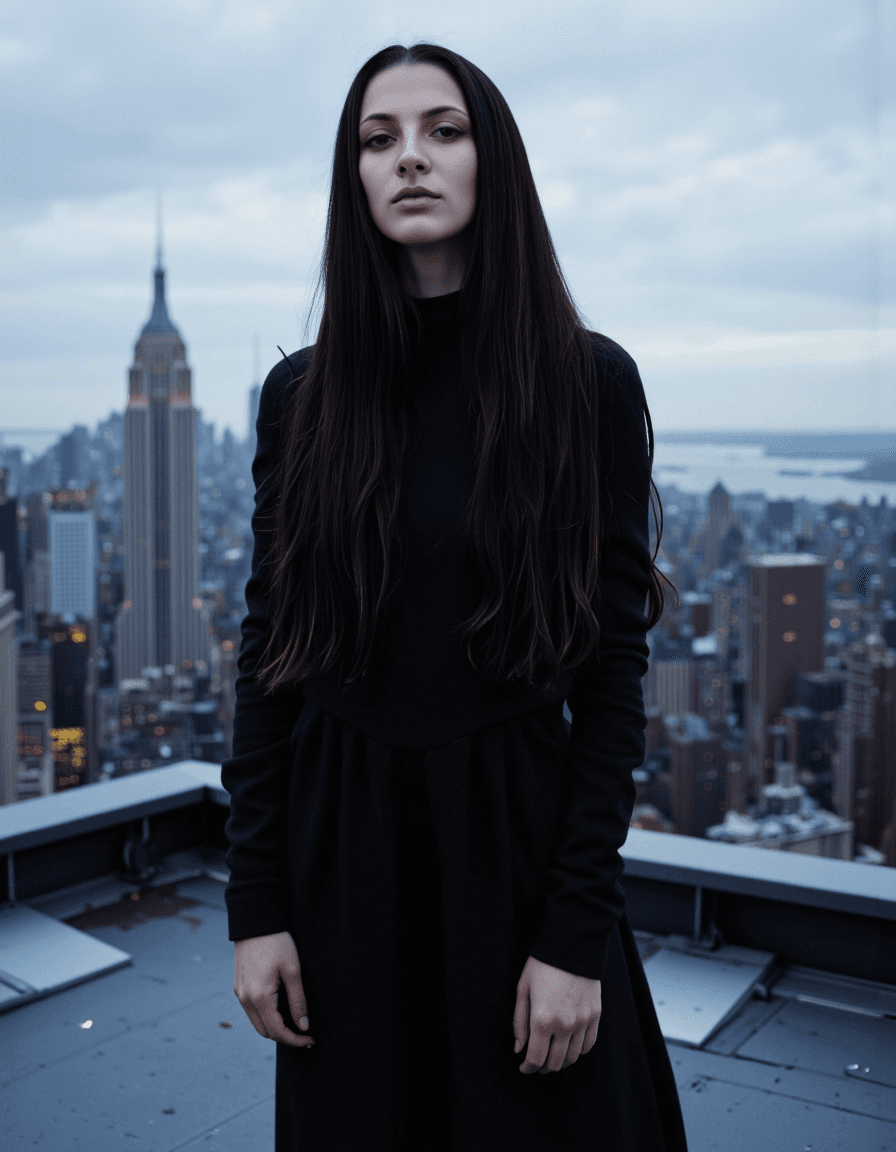 AI generated: A dark and mysterious woman with long black hair, wearing an all-black outfit, stands on the rooftop...