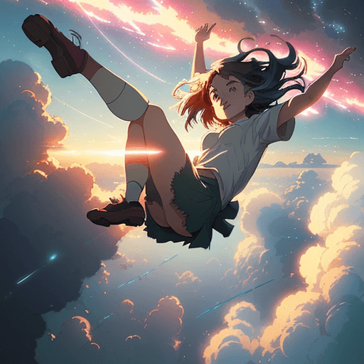 AI generated: make a picture of a girl falling in the sky. Background with clouds and lights. 
Studio Ghibli, anim...