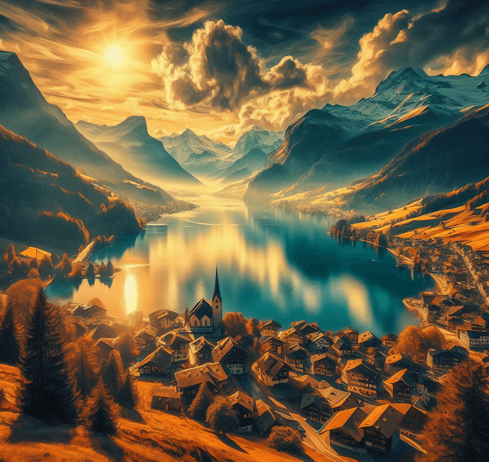 AI generated: Lauterbrunnen Switzerland during sunlight, in the style of long distance and deep distance, light go...