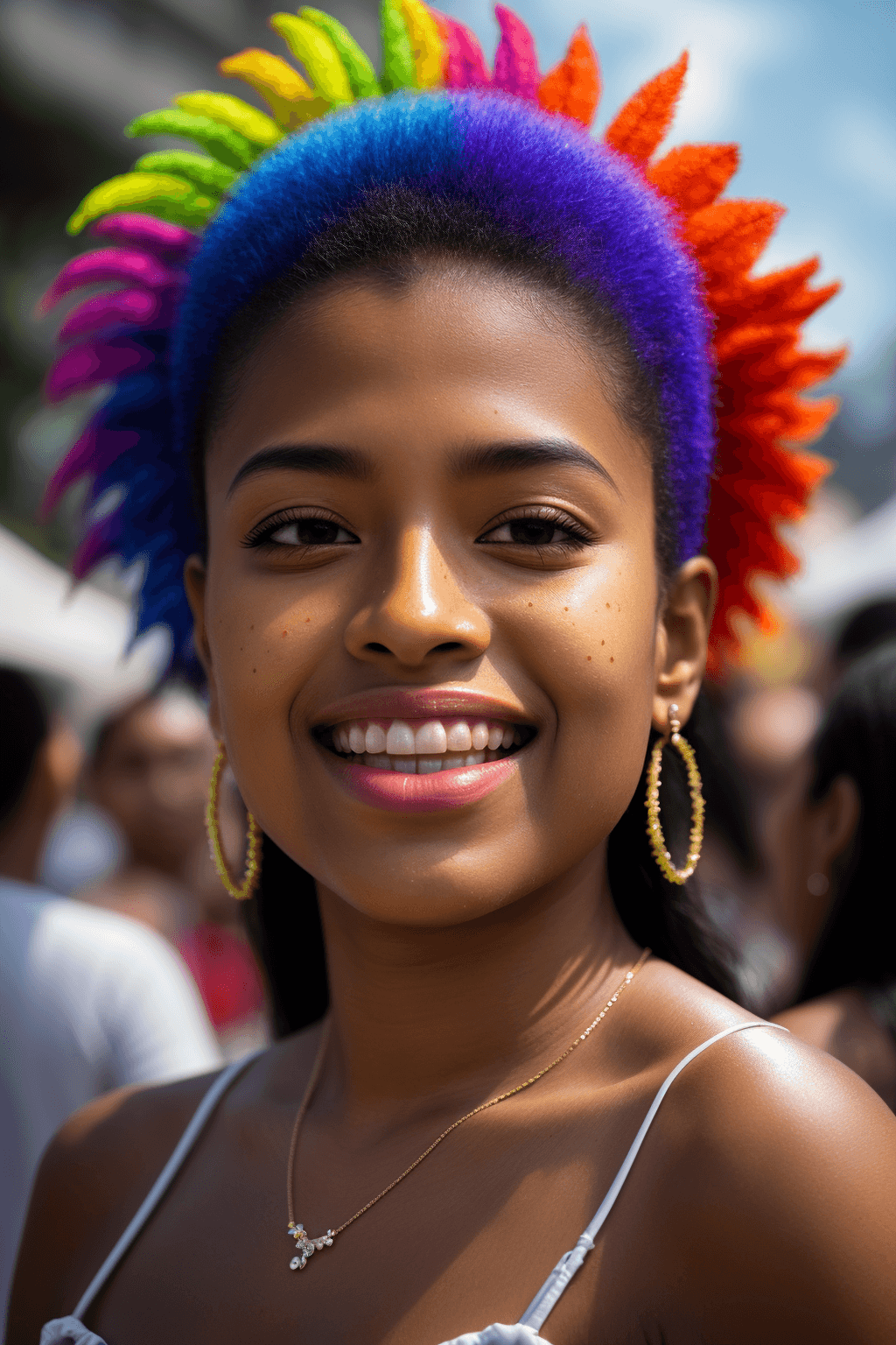 AI generated: crowds of people at Brazilian Carneval, dramatic shadows, rim lighting, Latina female 26yo, carnival...