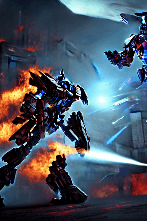 AI generated: gaming cut scene, centered image, actual and perfect scale of transformers megatron decepticon leade...