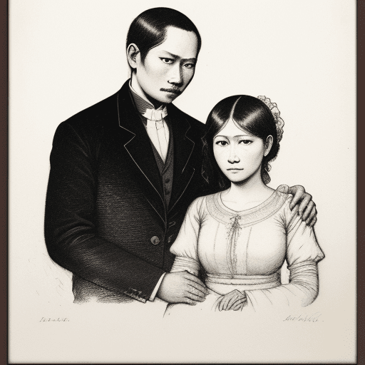 AI generated: Antique lithograph, Indonesian husband and wife, 45 years old, front view, faint smile, white backgr...
