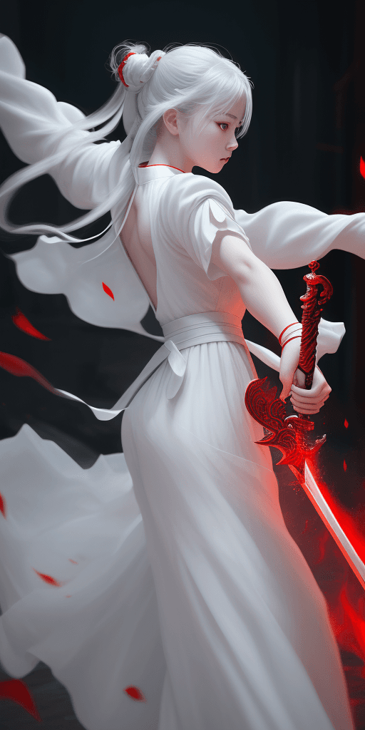 AI generated: the girl is wielding a sword in the background, in the style of xiaofei yue, ethereal images, light ...