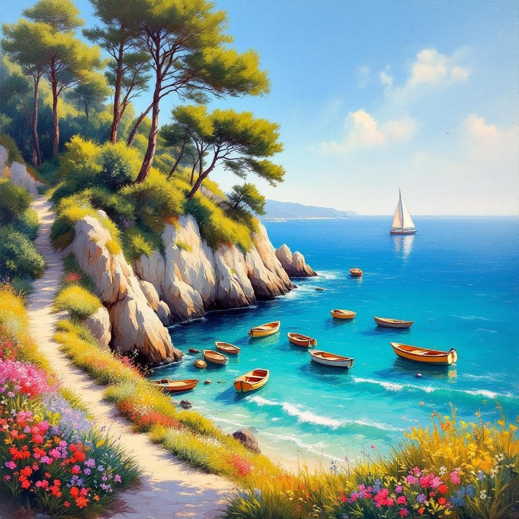 AI generated: A vivid, impressionistic landscape painting in South France of a bay on the Mediterranean Sea. The s...