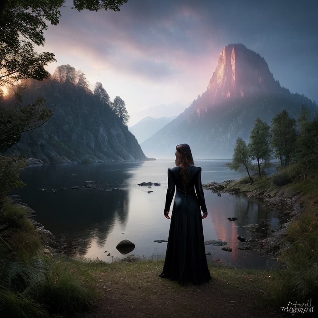 AI generated: Woman at a lake,beautiful, Dynamic lights, dawn,colourful, mystique, high detailed, 4 k