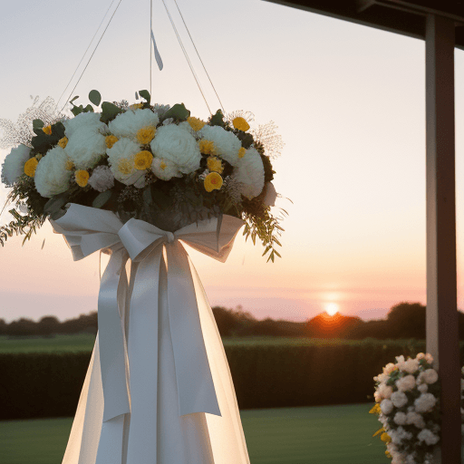 AI generated: Hanging flowers at an outdoor wedding at sunset, film grain, high quality, studio shoot, Nikon D850