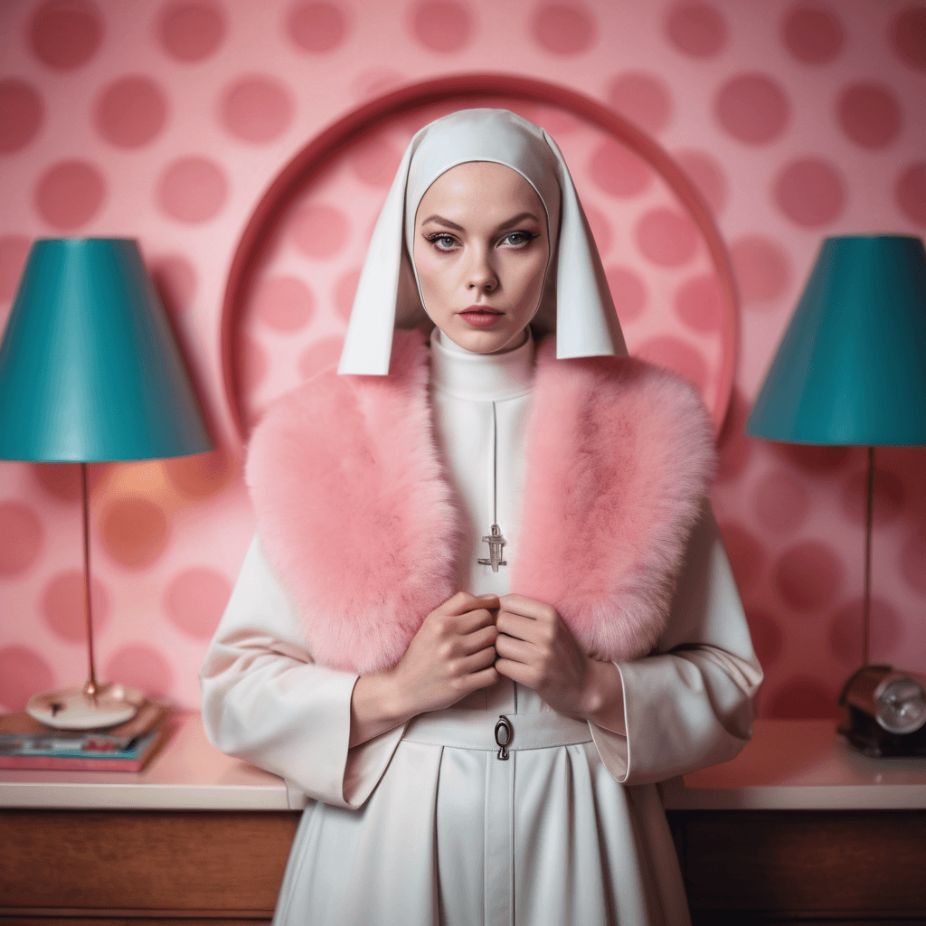 AI generated: portrait fashion nun covered with pink fur, natural skin, In a 1960 vintage style bedroom with color...