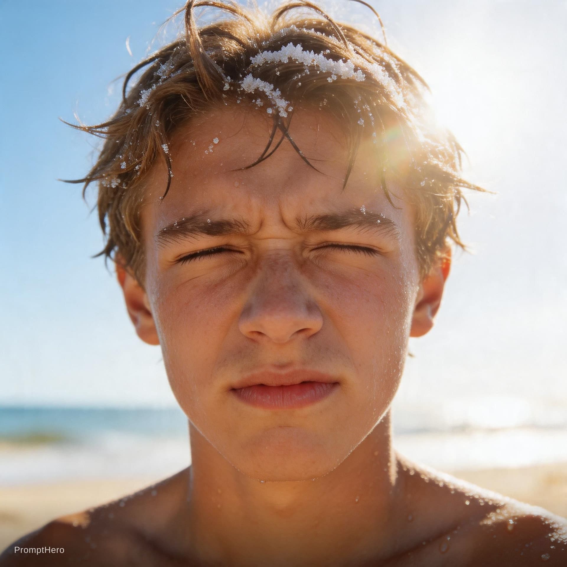 AI generated: A boy  eyes squinting into the sun. Salt in his hair, droplets on his skin — raw, real, and wild.