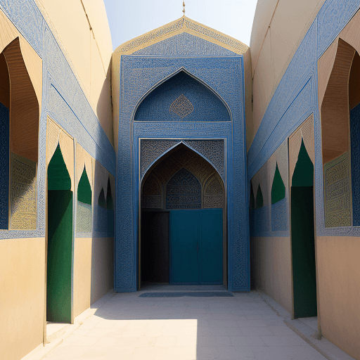AI generated: A 3 floor building in Isfahan, nearby a mosque, end of a small alley, at noon