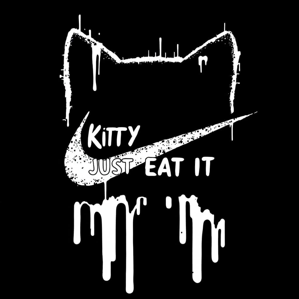 AI generated: Black and White Logo with a Nike symbol on the middle says "Kitty Just Eat It" dripping effects, bla...