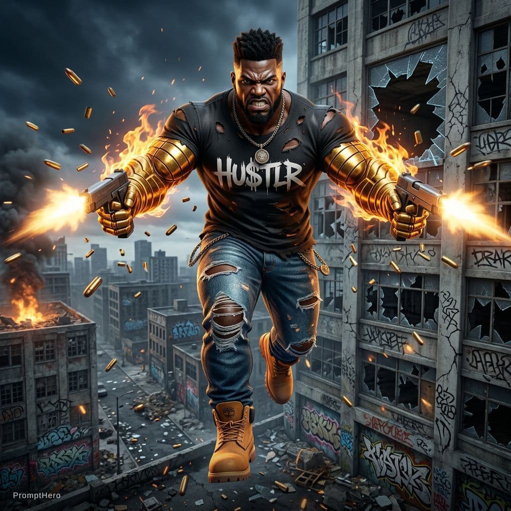 AI generated: full body view of  3d illustration of an african american man superhero flying jumping out away thro...