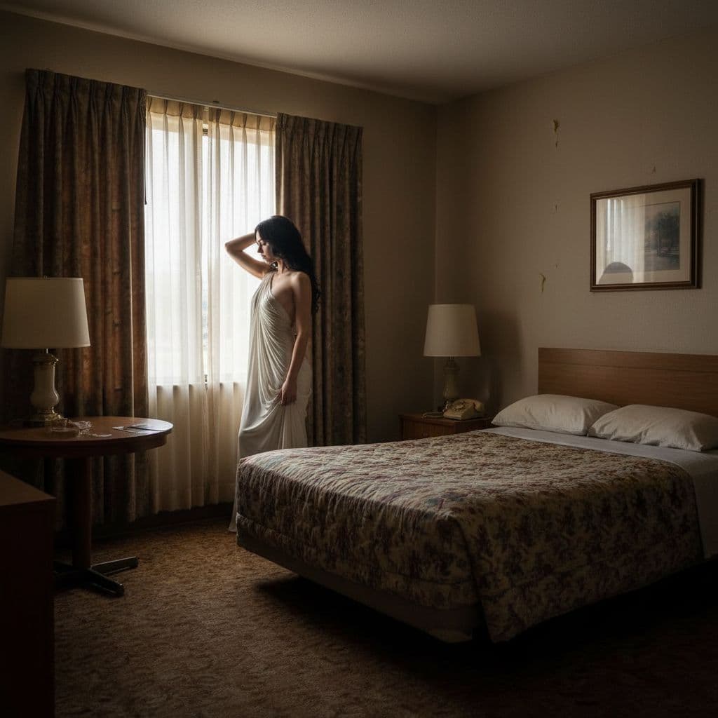 AI generated: in motel room. Canon lens 200 mm 