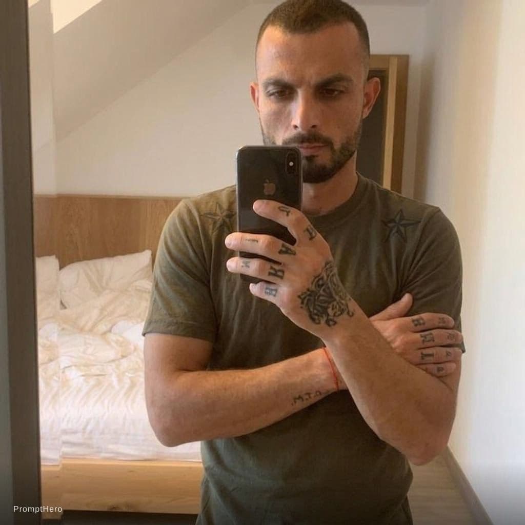 AI generated: Arms crossed in front of him, tattoos on his fingers and Russian thieves' stars to understand
