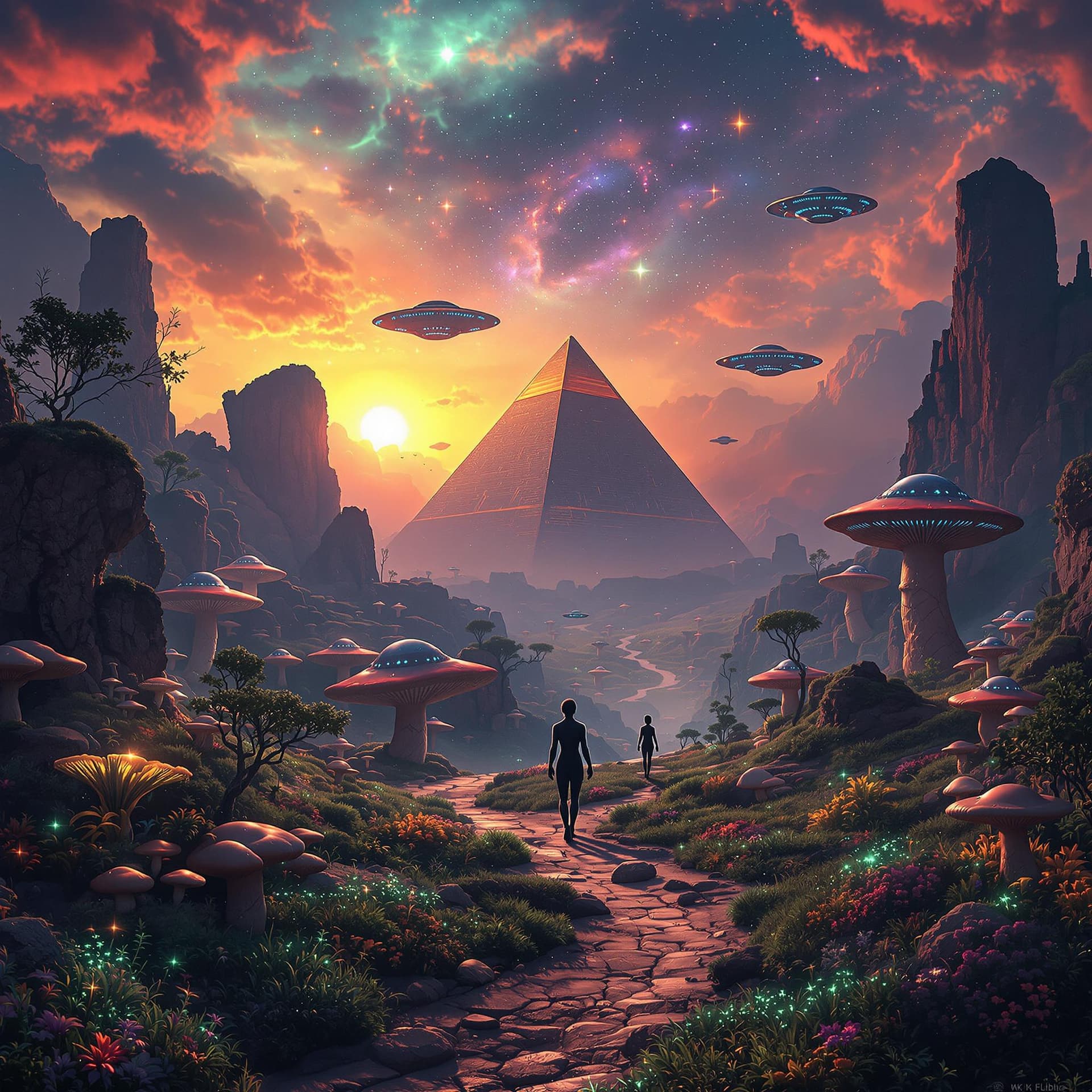 AI generated: Fantasy landscape, dynamic lights, flying saucers, Pyramids, glowing emeralds, nebulas, sunset, 8k p...