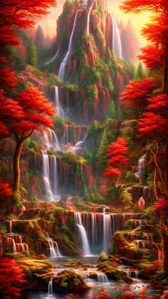 AI generated: summer landscape, red color, Bokeh, waterfall, insanely detailed and intricate, hypermaximalist, ele...