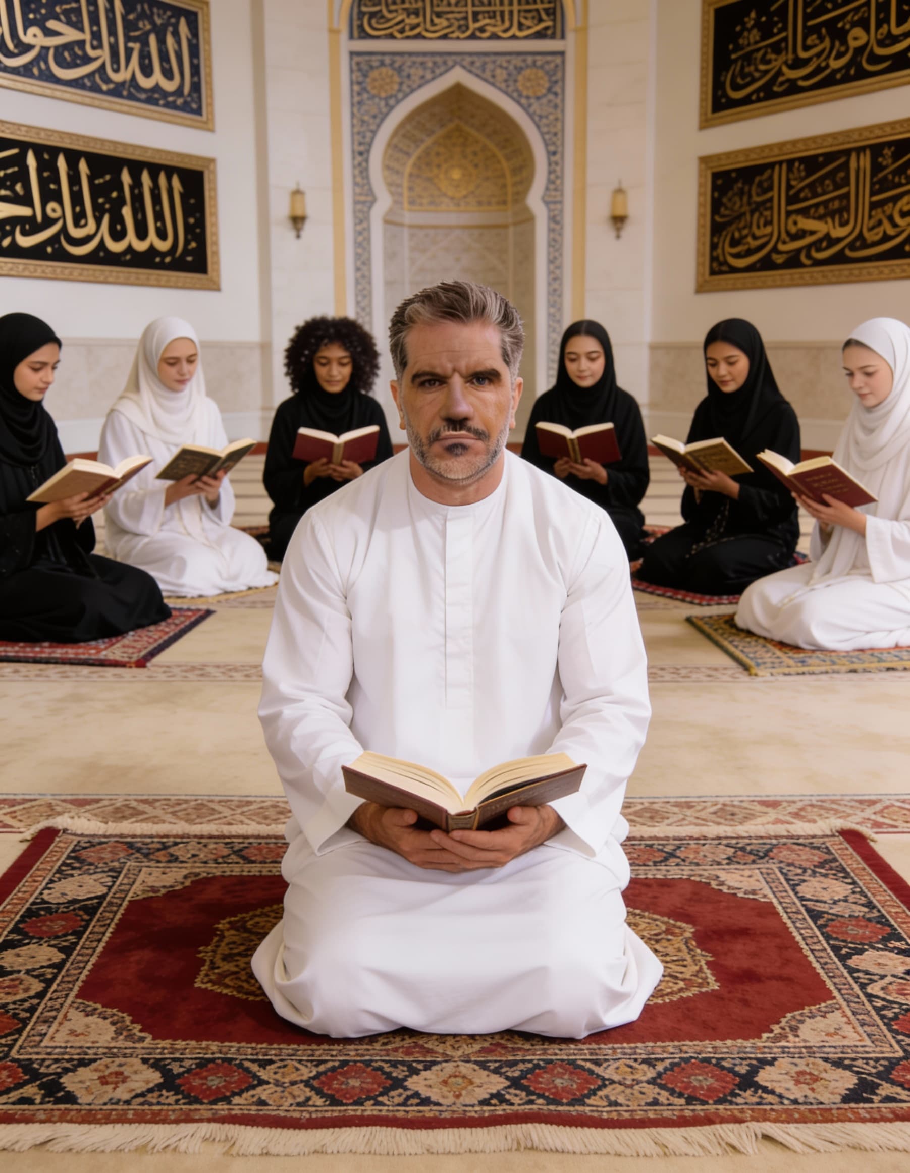 Seedream 4 prompt: مرد رو لباس آستین دار تنش کن بزارش درست وسط دخترا 