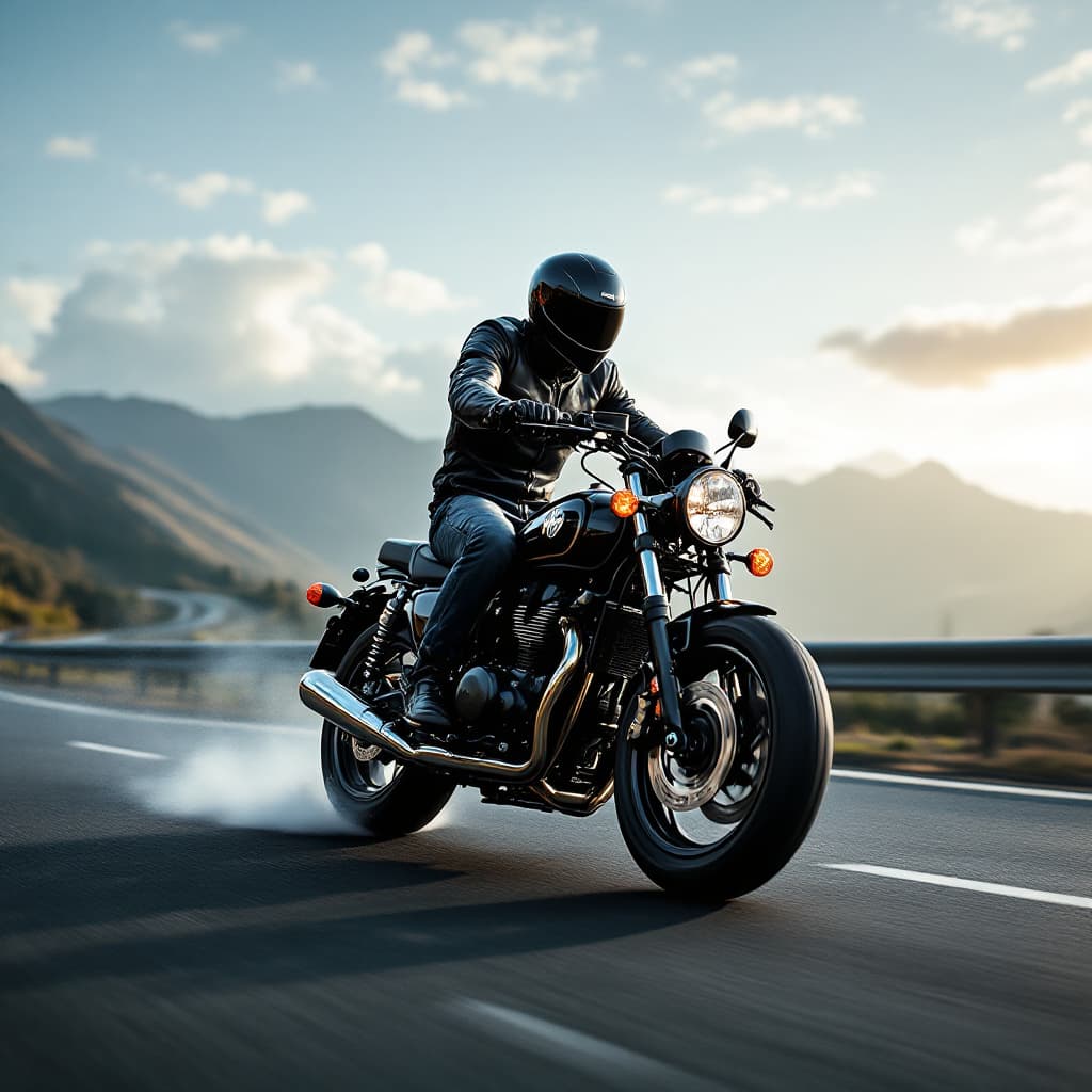 AI generated: Model transforms into a real classic model of Yamaha RX 100 Black color bike riding on a beautiful h...