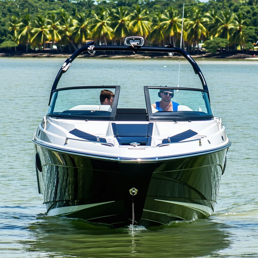 AI generated: General outline of a latest model black and white yamaha sx230ho jet boat, 3 seater sitting in calm ...