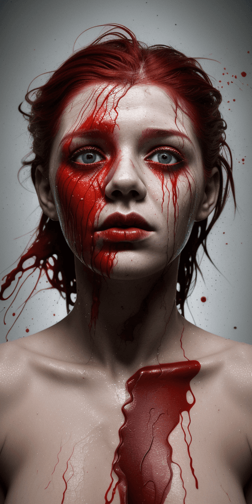 AI generated: A half body portrait of a battered and torn made of blood, half body is submerged in blood, bloody r...