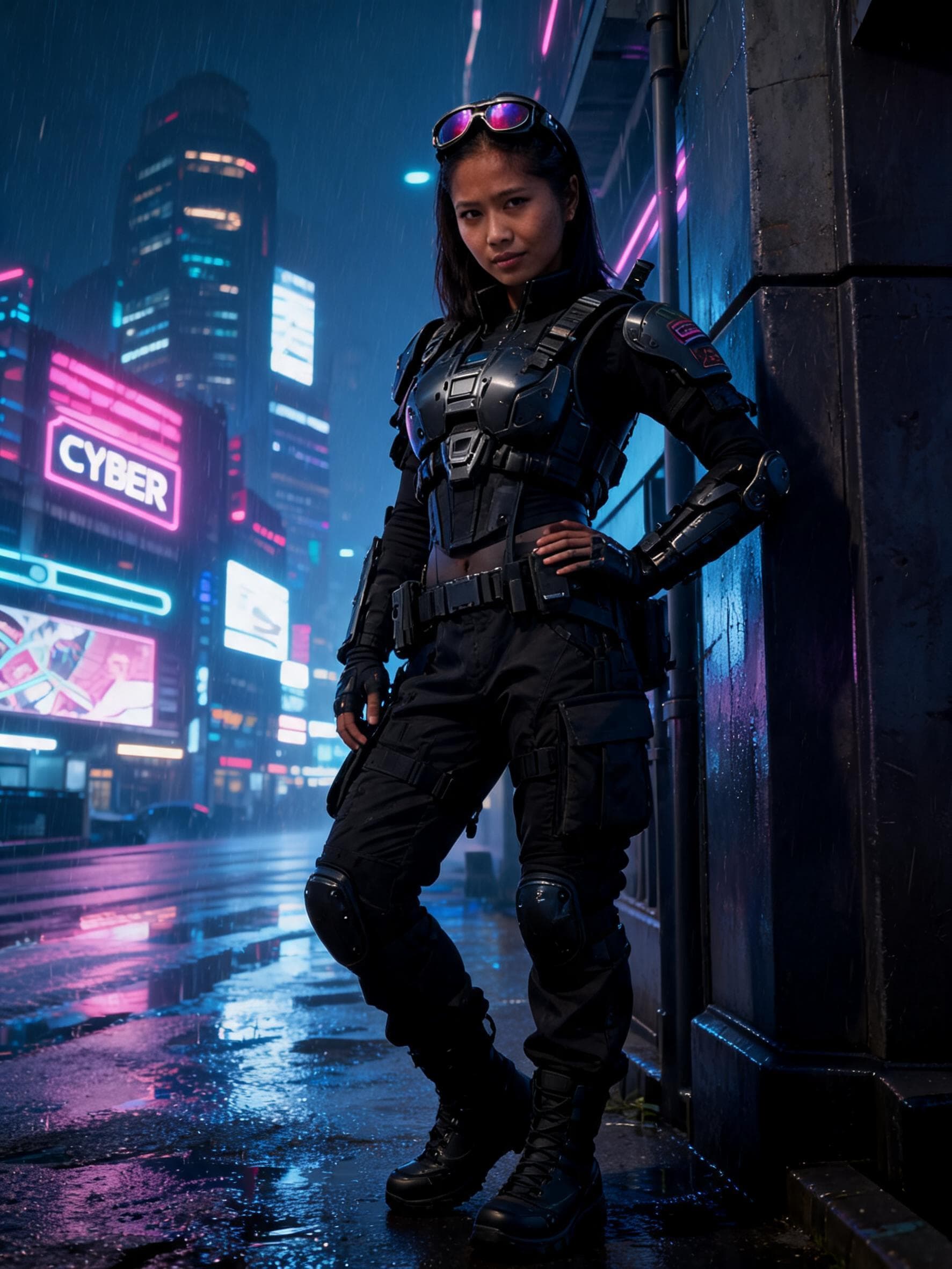 AI generated: The girl from the input photo in a cyberpunk style atmosphere. Arc Raiders outfit. Cool posing. Hi-r...